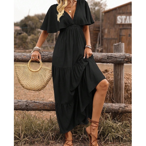Boho Rust V neck Butterfly Sleeve Stretchy Waist Maxi Dress - Picture 2 of 11